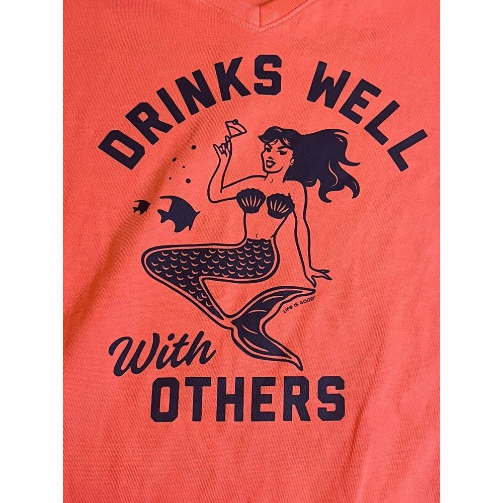 Life Is Good Coral Short Sleeve Tee with Navy Mermaid Graphic